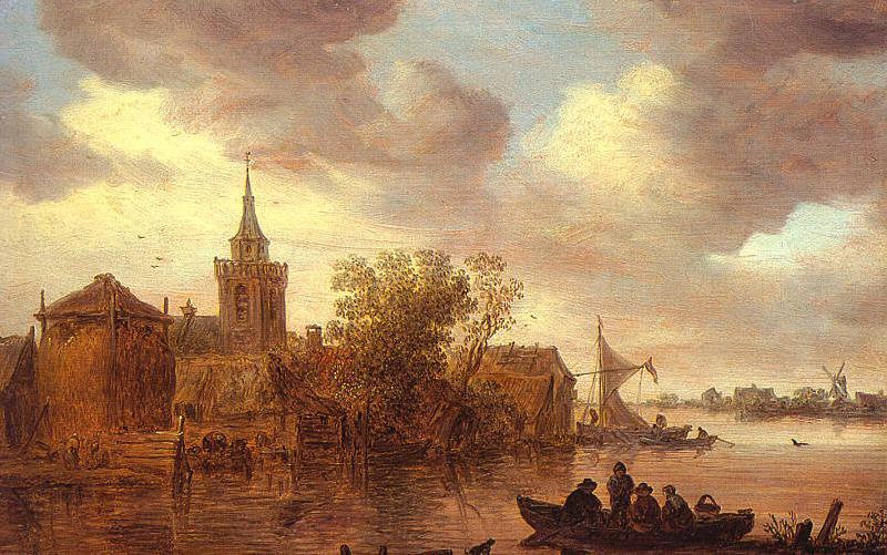 Jan van  Goyen A Church and a Farm on the Bank of a River Spain oil painting art